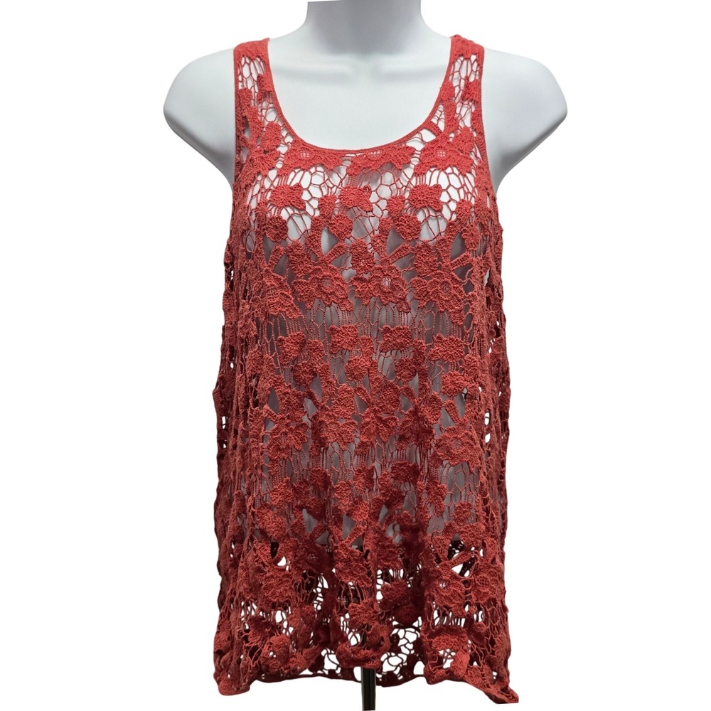 Womens Crochet Tank Top Floral Racerback Rust Terracotta Boho Large